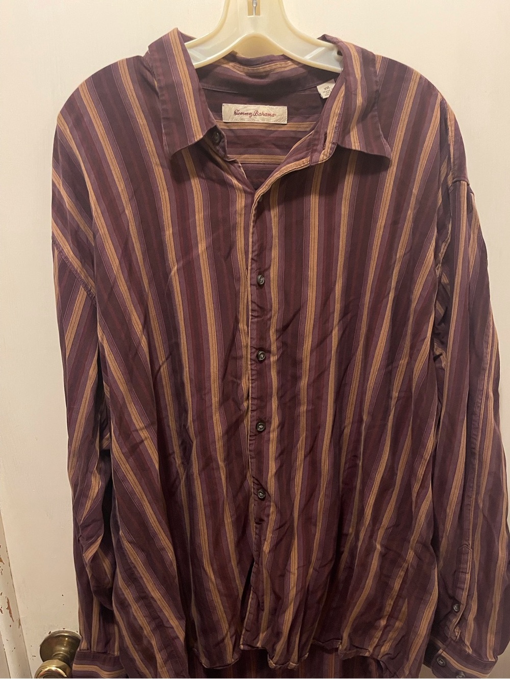 Tommy Bahama Purple and Tan Striped Button-Up Shirt